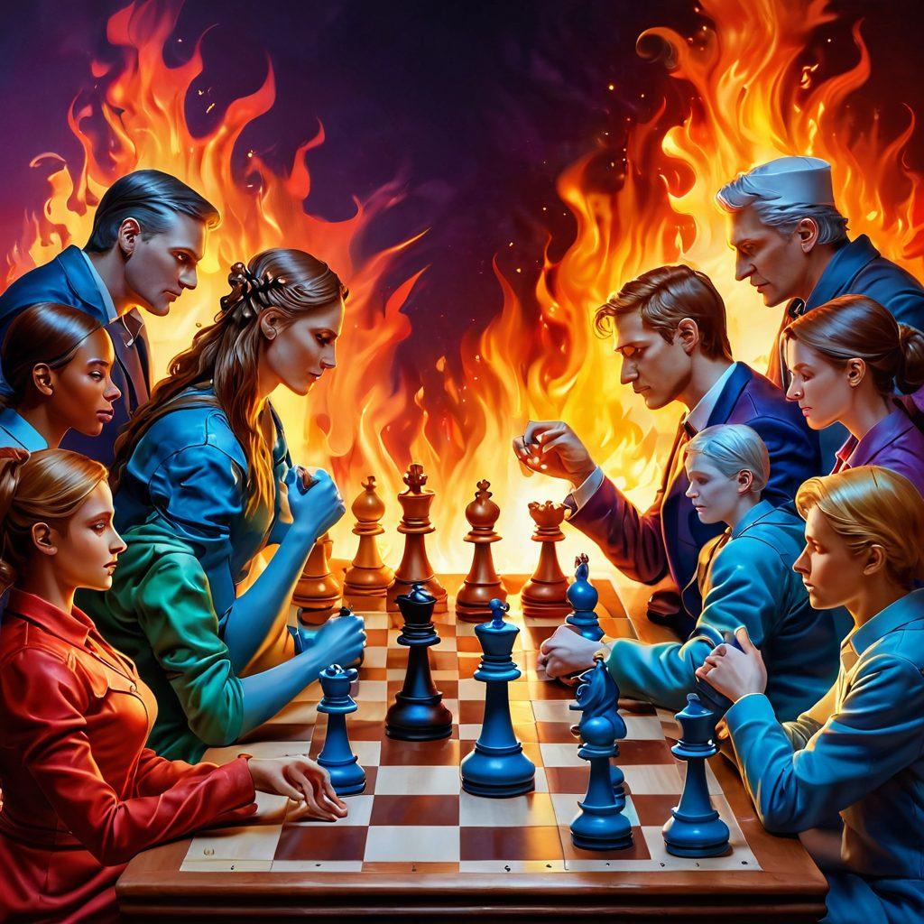 A lively chess community scene with diverse people passionately engaging in a game, surrounded by vibrant chess pieces depicting strategical moves; a glowing fire in the background symbolizing passion and connection; include subtle heart shapes interwoven in the design to signify love for the game. super-realistic. vibrant colors. dynamic composition.