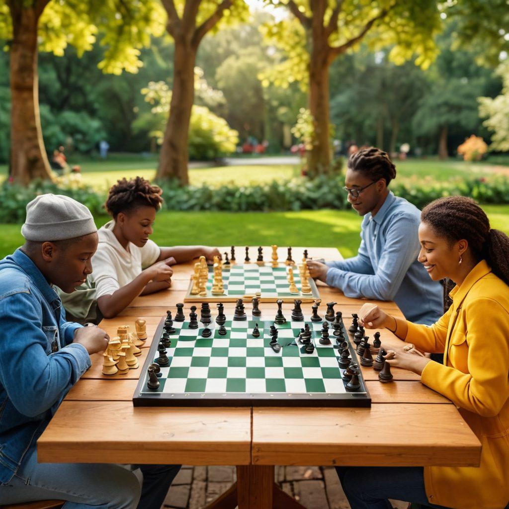 A diverse group of people engaged in an animated chess game, showcasing camaraderie and collaboration with chessboards spread out on a vibrant park table. Include elements like books, coffee cups, and chess pieces scattered around to symbolize learning and strategy. The setting is lively and colorful, depicting an outdoor ambiance with lush greenery in the background. super-realistic. vibrant colors. natural lighting.