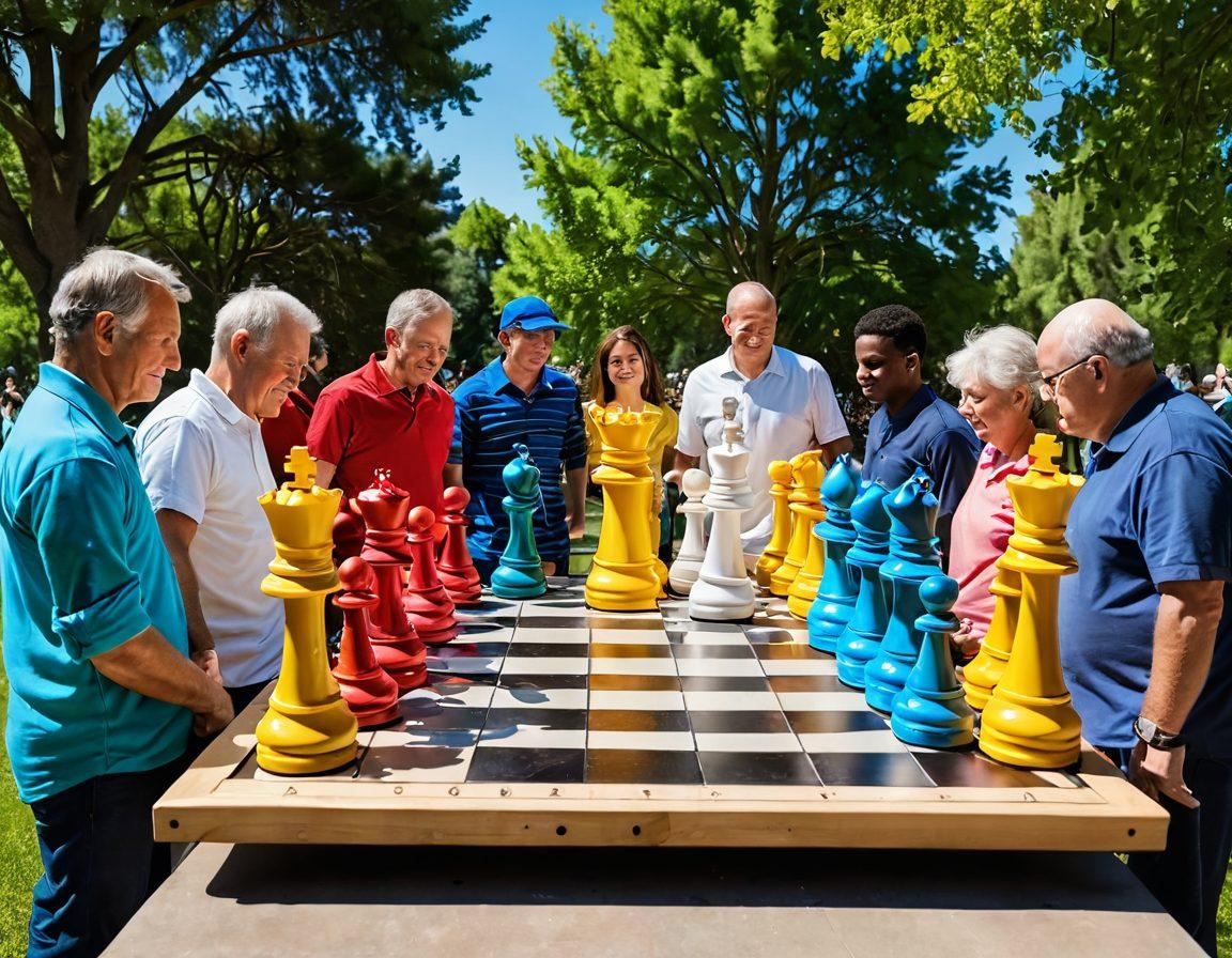 A vibrant scene depicting a diverse group of chess enthusiasts gathered around an oversized chess board on a sunny park day, filled with colorful chess pieces. Include a trophy in the foreground symbolizing tournaments, interspersed with playful puzzles scattered around. Show engaged expressions on each player’s face, celebrating camaraderie and passion for the game. super-realistic. vibrant colors. outdoor setting.